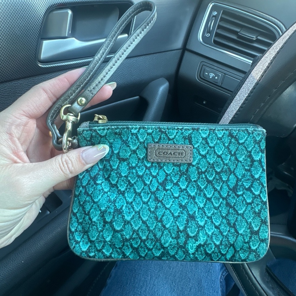 Coach Teal Satin Wristlet Pouch with Gold Zip
